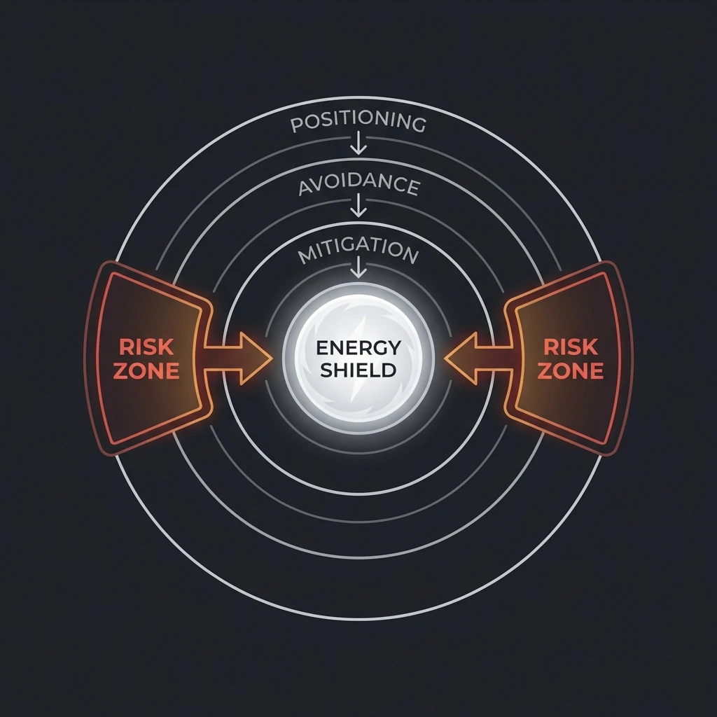 Diagram showing Energy Shield failure in Path of Exile 2 through layered defensive collapse and risk zones